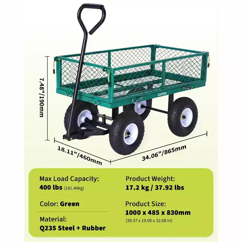 Vielseitiger Outdoor-Transportwagen, hochbelastbar bis 400 LBS, 10 geländegängige Luftreifen, wendiger Gartenwagen mit abnehmbaren Netzseiten zum Gärtnern