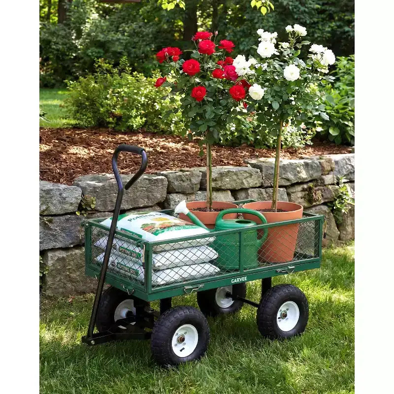 Vielseitiger Outdoor-Transportwagen, hochbelastbar bis 400 LBS, 10 geländegängige Luftreifen, wendiger Gartenwagen mit abnehmbaren Netzseiten zum Gärtnern