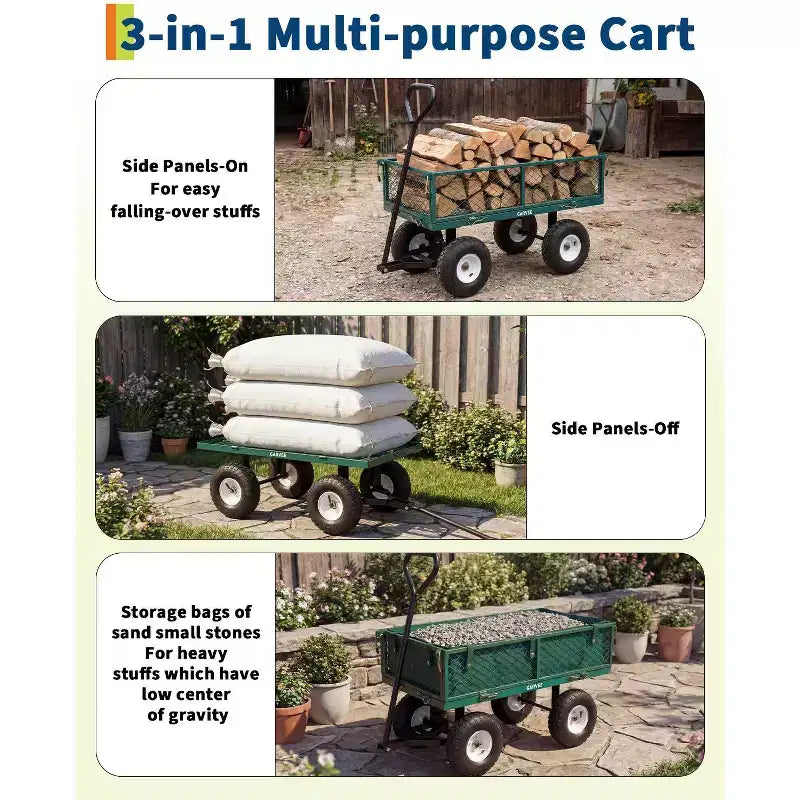 Vielseitiger Outdoor-Transportwagen, hochbelastbar bis 400 LBS, 10 geländegängige Luftreifen, wendiger Gartenwagen mit abnehmbaren Netzseiten zum Gärtnern
