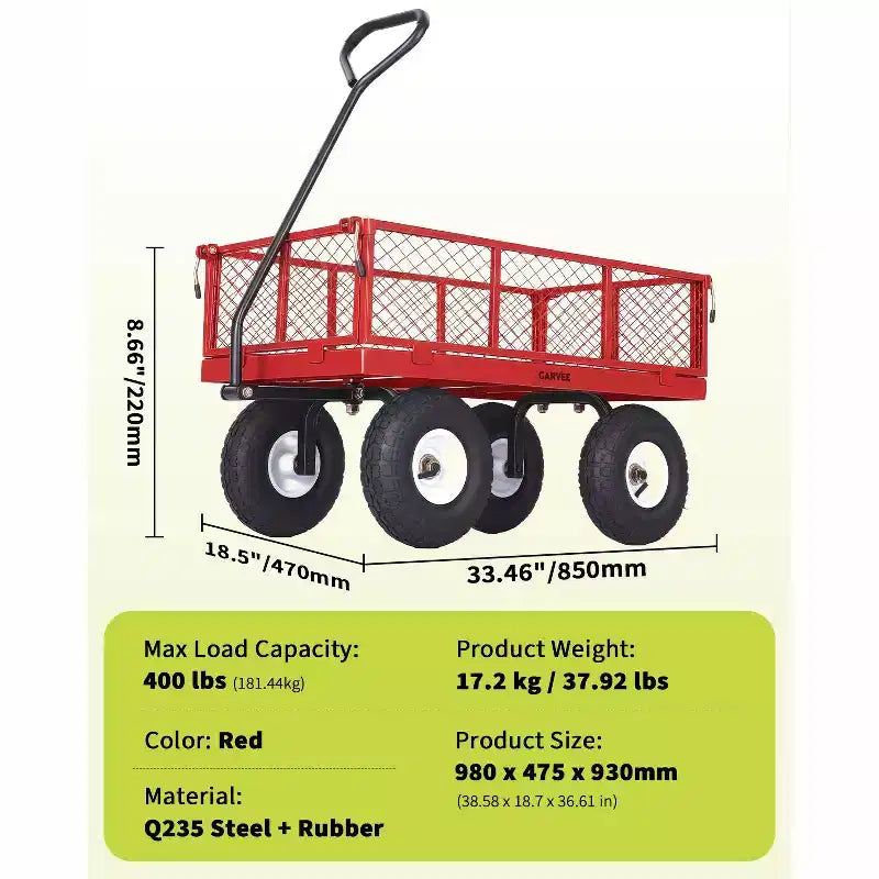 Vielseitiger Outdoor-Transportwagen, hochbelastbar bis 400 LBS, 10 geländegängige Luftreifen, wendiger Gartenwagen mit abnehmbaren Netzseiten zum Gärtnern