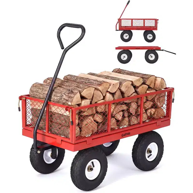 Vielseitiger Outdoor-Transportwagen, hochbelastbar bis 400 LBS, 10 geländegängige Luftreifen, wendiger Gartenwagen mit abnehmbaren Netzseiten zum Gärtnern
