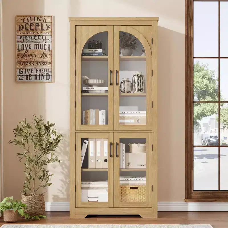 Dispensa alta da cucina da 70, mobile espositore moderno con 4 ante in vetro ad arco e ripiani regolabili, per cucina, soggiorno, sala da pranzo e bagno