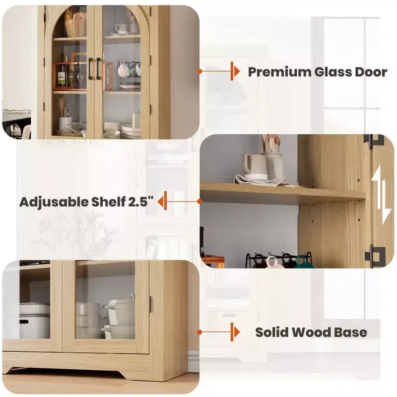 Dispensa alta da cucina da 70, mobile espositore moderno con 4 ante in vetro ad arco e ripiani regolabili, per cucina, soggiorno, sala da pranzo e bagno