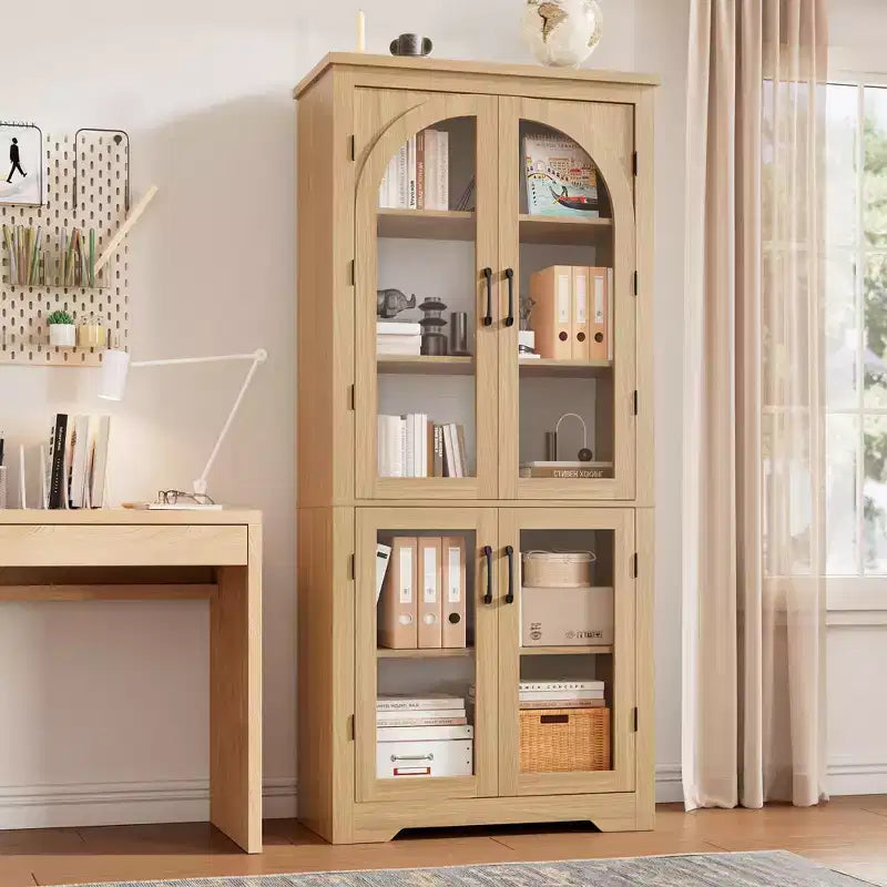 Dispensa alta da cucina da 70, mobile espositore moderno con 4 ante in vetro ad arco e ripiani regolabili, per cucina, soggiorno, sala da pranzo e bagno