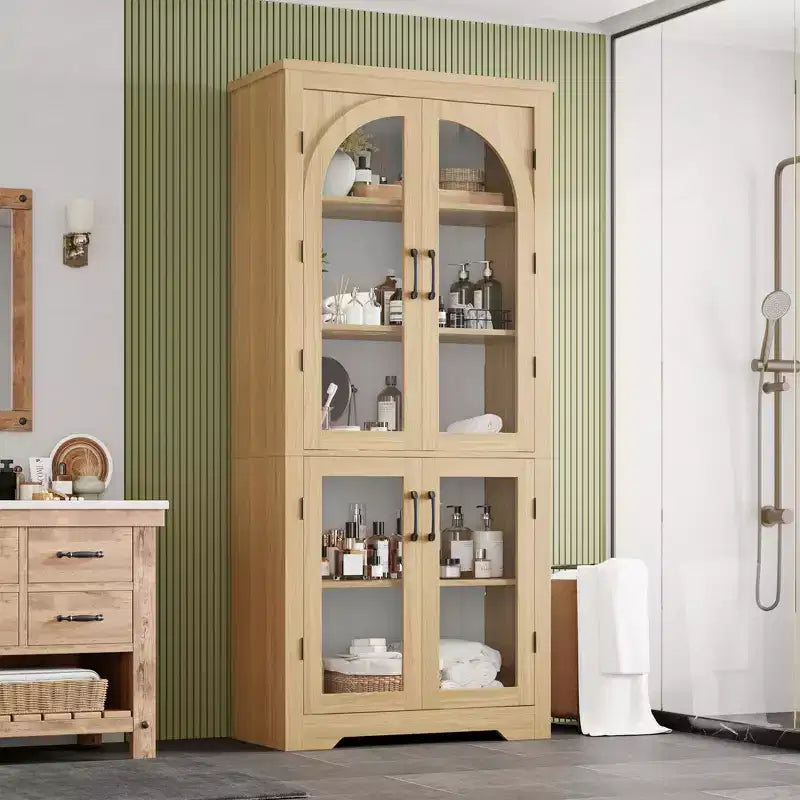 Dispensa alta da cucina da 70, mobile espositore moderno con 4 ante in vetro ad arco e ripiani regolabili, per cucina, soggiorno, sala da pranzo e bagno