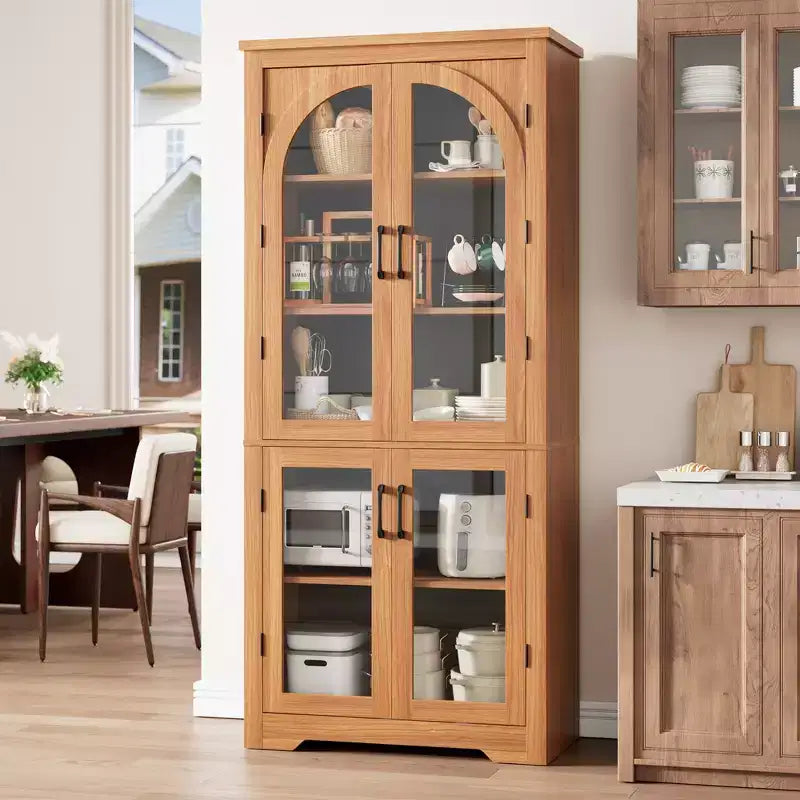 Dispensa alta da cucina da 70, mobile espositore moderno con 4 ante in vetro ad arco e ripiani regolabili, per cucina, soggiorno, sala da pranzo e bagno