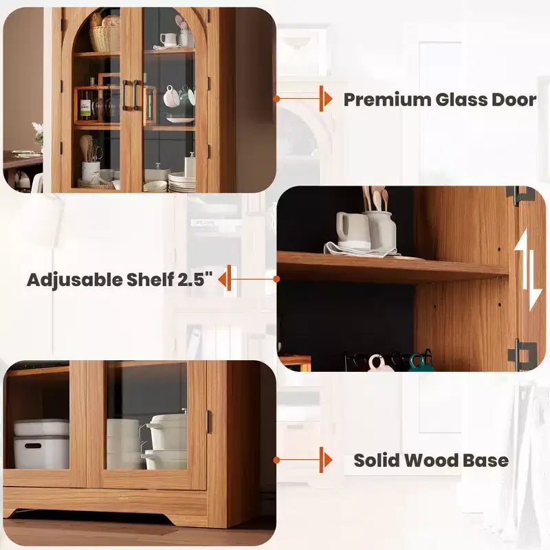 Dispensa alta da cucina da 70, mobile espositore moderno con 4 ante in vetro ad arco e ripiani regolabili, per cucina, soggiorno, sala da pranzo e bagno