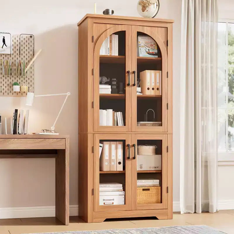 Dispensa alta da cucina da 70, mobile espositore moderno con 4 ante in vetro ad arco e ripiani regolabili, per cucina, soggiorno, sala da pranzo e bagno