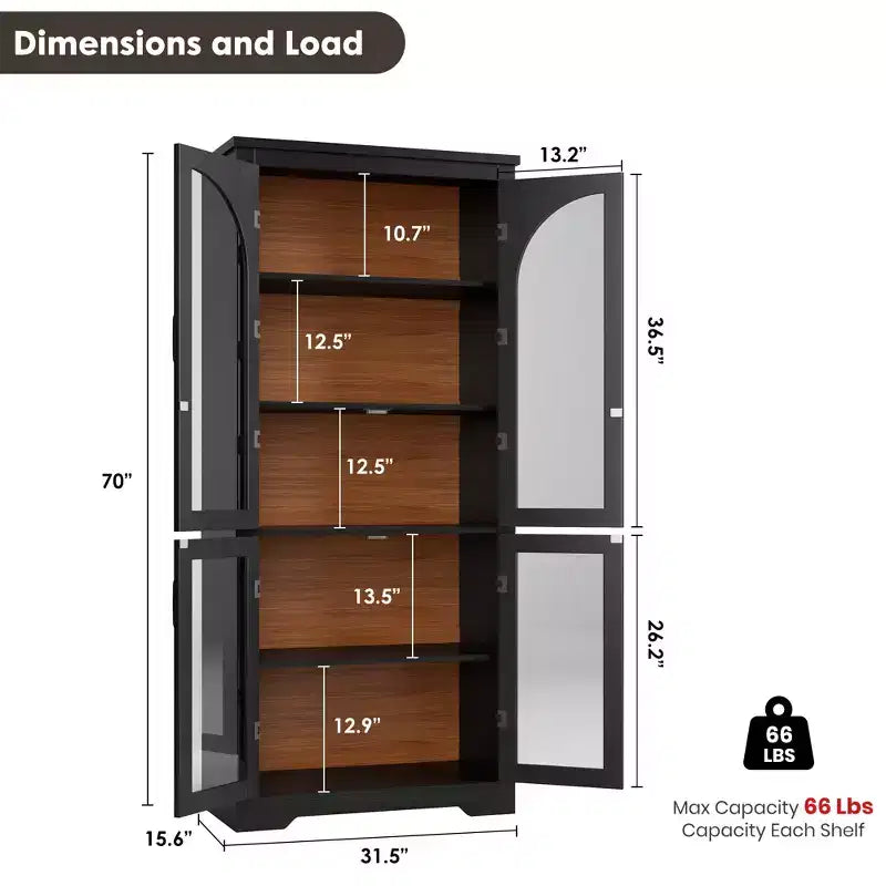 Dispensa alta da cucina da 70, mobile espositore moderno con 4 ante in vetro ad arco e ripiani regolabili, per cucina, soggiorno, sala da pranzo e bagno