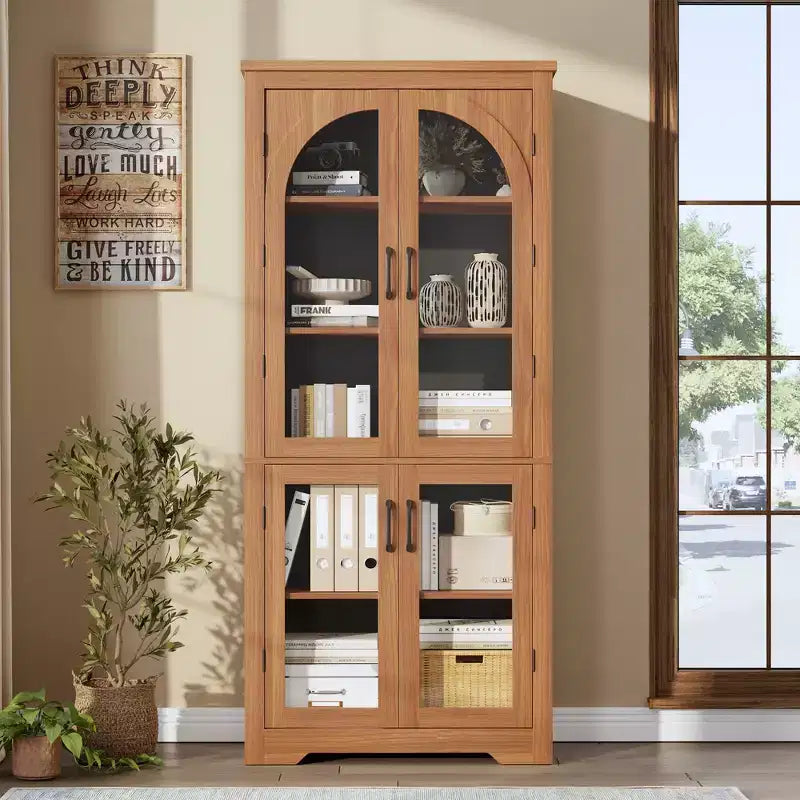 Dispensa alta da cucina da 70, mobile espositore moderno con 4 ante in vetro ad arco e ripiani regolabili, per cucina, soggiorno, sala da pranzo e bagno