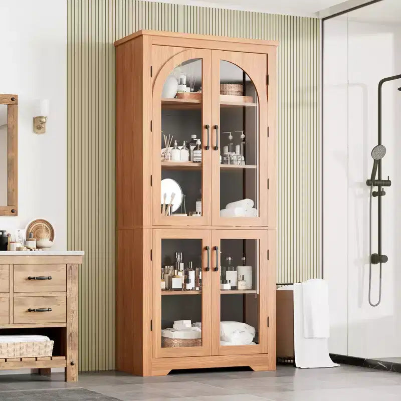 Dispensa alta da cucina da 70, mobile espositore moderno con 4 ante in vetro ad arco e ripiani regolabili, per cucina, soggiorno, sala da pranzo e bagno