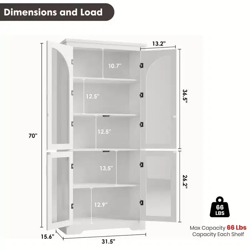 Dispensa alta da cucina da 70, mobile espositore moderno con 4 ante in vetro ad arco e ripiani regolabili, per cucina, soggiorno, sala da pranzo e bagno