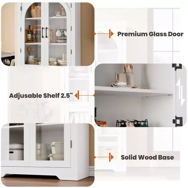Dispensa alta da cucina da 70, mobile espositore moderno con 4 ante in vetro ad arco e ripiani regolabili, per cucina, soggiorno, sala da pranzo e bagno