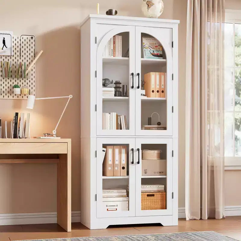 Dispensa alta da cucina da 70, mobile espositore moderno con 4 ante in vetro ad arco e ripiani regolabili, per cucina, soggiorno, sala da pranzo e bagno