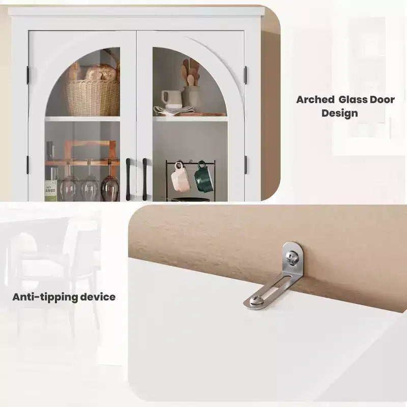 Dispensa alta da cucina da 70, mobile espositore moderno con 4 ante in vetro ad arco e ripiani regolabili, per cucina, soggiorno, sala da pranzo e bagno