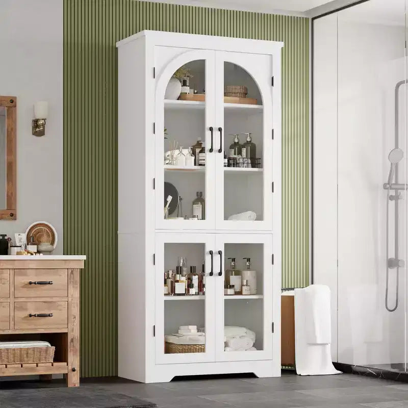 Dispensa alta da cucina da 70, mobile espositore moderno con 4 ante in vetro ad arco e ripiani regolabili, per cucina, soggiorno, sala da pranzo e bagno