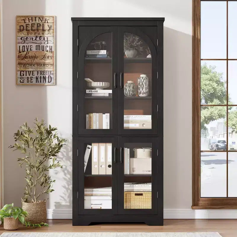 Dispensa alta da cucina da 70, mobile espositore moderno con 4 ante in vetro ad arco e ripiani regolabili, per cucina, soggiorno, sala da pranzo e bagno