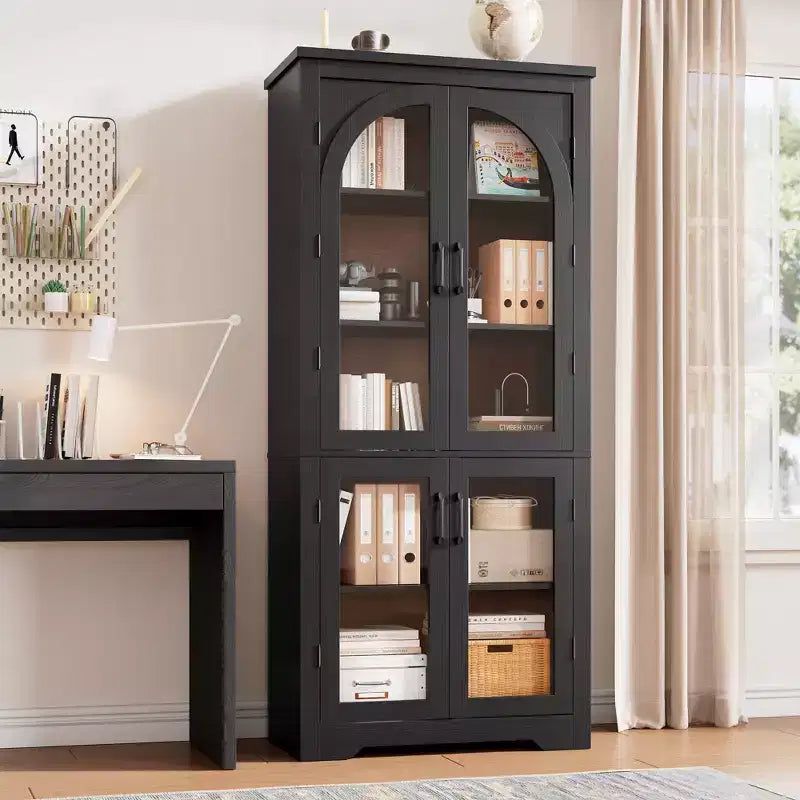 Dispensa alta da cucina da 70, mobile espositore moderno con 4 ante in vetro ad arco e ripiani regolabili, per cucina, soggiorno, sala da pranzo e bagno