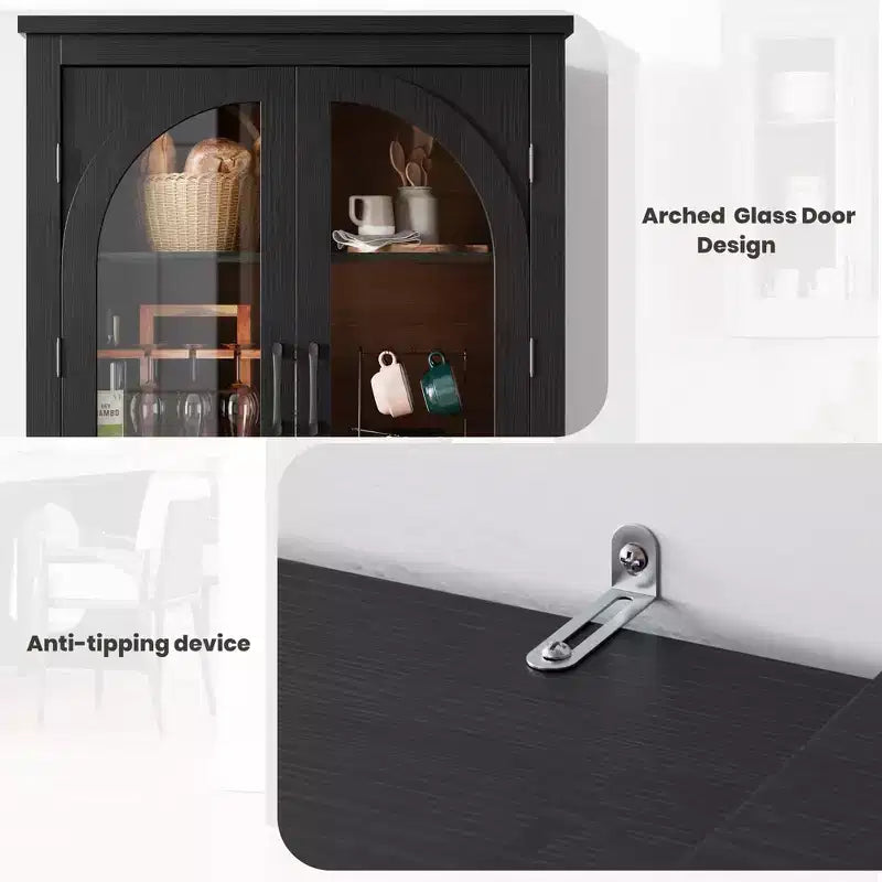 Dispensa alta da cucina da 70, mobile espositore moderno con 4 ante in vetro ad arco e ripiani regolabili, per cucina, soggiorno, sala da pranzo e bagno