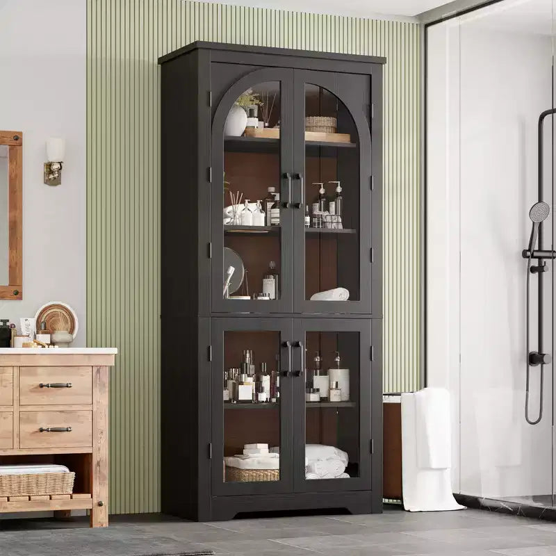 Dispensa alta da cucina da 70, mobile espositore moderno con 4 ante in vetro ad arco e ripiani regolabili, per cucina, soggiorno, sala da pranzo e bagno