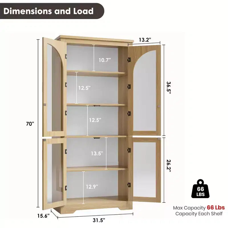 Dispensa alta da cucina da 70, mobile espositore moderno con 4 ante in vetro ad arco e ripiani regolabili, per cucina, soggiorno, sala da pranzo e bagno