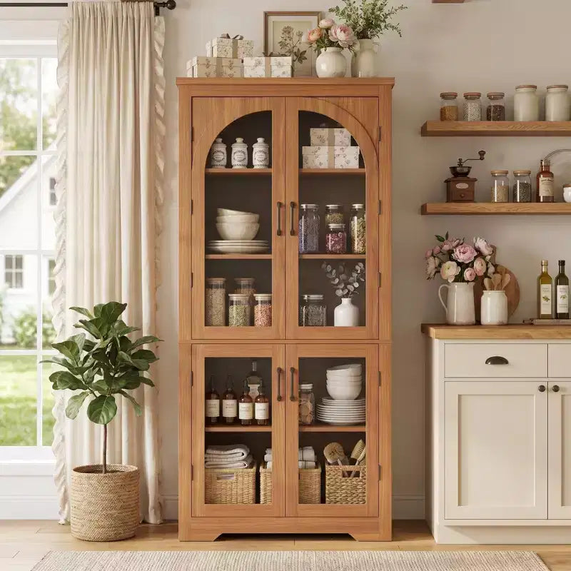 Dispensa alta da cucina da 70, mobile espositore moderno con 4 ante in vetro ad arco e ripiani regolabili, per cucina, soggiorno, sala da pranzo e bagno