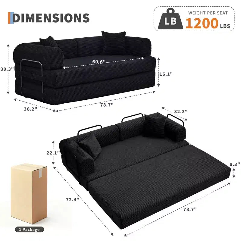 Divano letto futon senza braccioli in velluto a coste da 78.7, 4-in-1, divanetto pieghevole da pavimento con cuscini (senza montaggio)