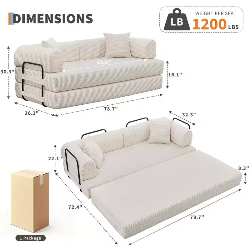 Divano letto futon senza braccioli in velluto a coste da 78.7, 4-in-1, divanetto pieghevole da pavimento con cuscini (senza montaggio)