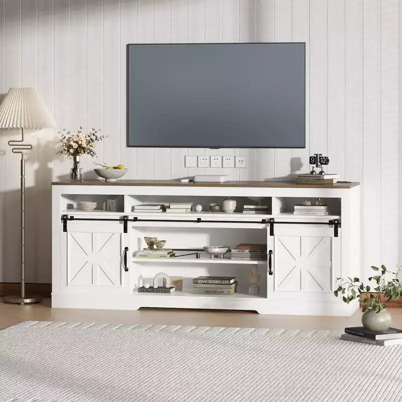 TV-Schrank im Landhausstil, 66, für 75-Zoll-Fernseher, Mediaschrank mit Scheunentoren, verstellbaren Regalen und offenem Stauraum, geeignet für das Wohnzimmer