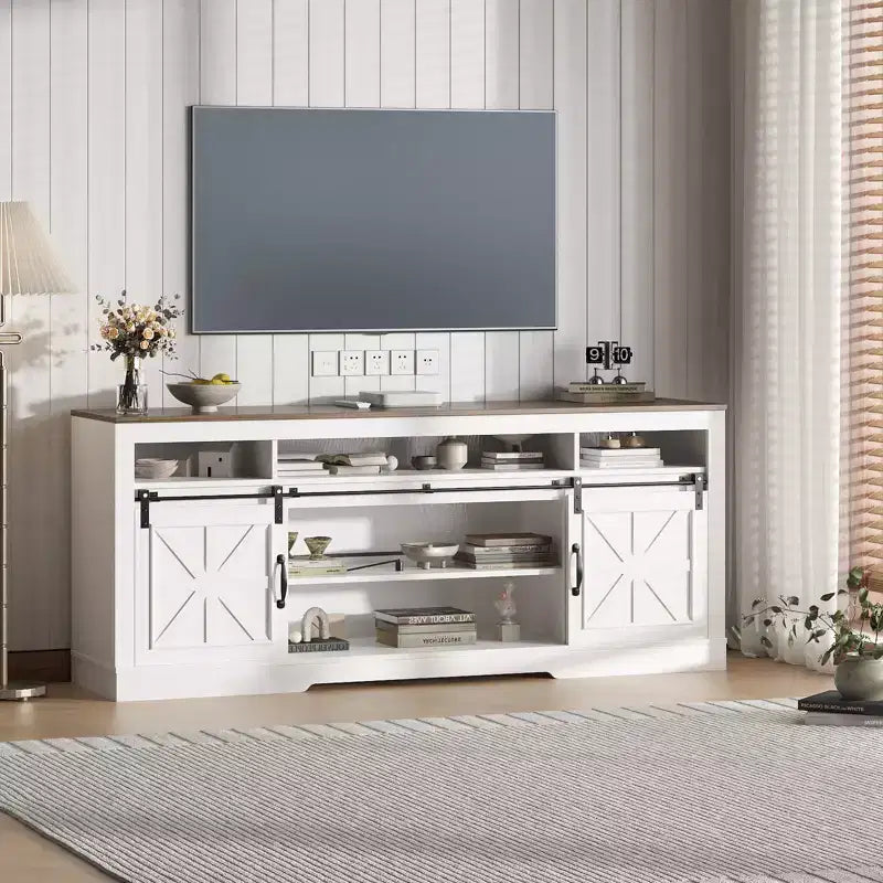 TV-Schrank im Landhausstil, 66, für 75-Zoll-Fernseher, Mediaschrank mit Scheunentoren, verstellbaren Regalen und offenem Stauraum, geeignet für das Wohnzimmer