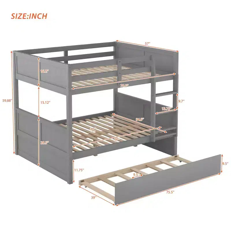 Stapelbed voor een tweepersoonsbed met onderschuifbed voor een eenpersoonsbed, ladder, eenvoudig te monteren, grijs