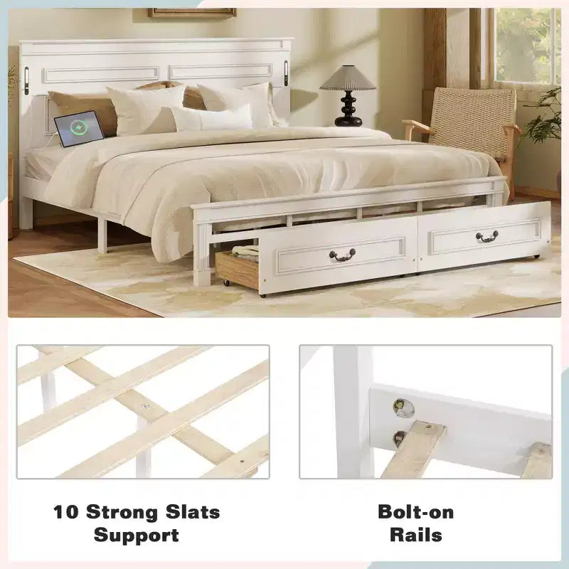Bed met 2 opbergladen, ingebouwde ledverlichting en usb-oplaadstation