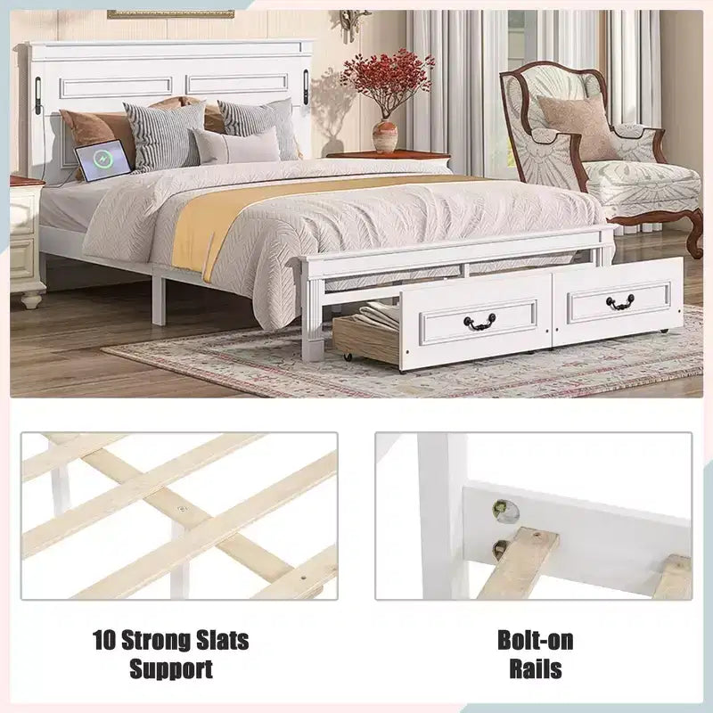 Bed met 2 opbergladen, ingebouwde ledverlichting en usb-oplaadstation