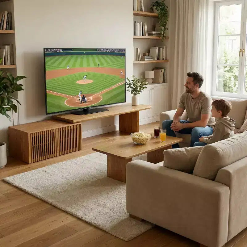 Meuble multimédia TV extensible (78.7-110), centre de divertissement moderne avec rangement pour téléviseurs de 55+ pouces, naturel