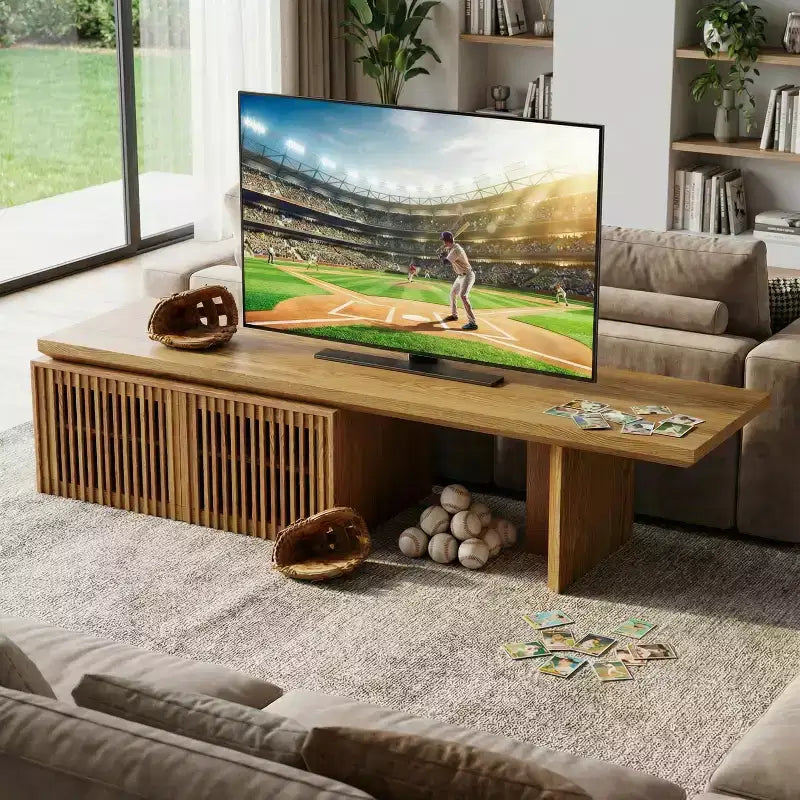 Meuble multimédia TV extensible (78.7-110), centre de divertissement moderne avec rangement pour téléviseurs de 55+ pouces, naturel