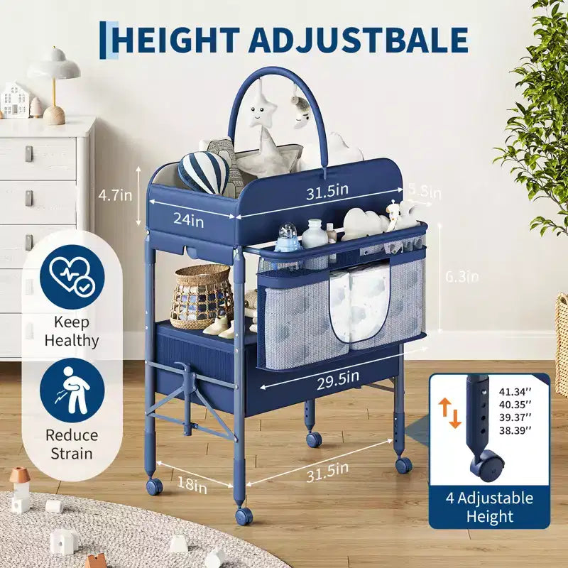 Fasciatoio pieghevole per neonati con ruote, stazione per pannolini ad altezza regolabile con 2 cassetti, organizer mobile impermeabile per neonati