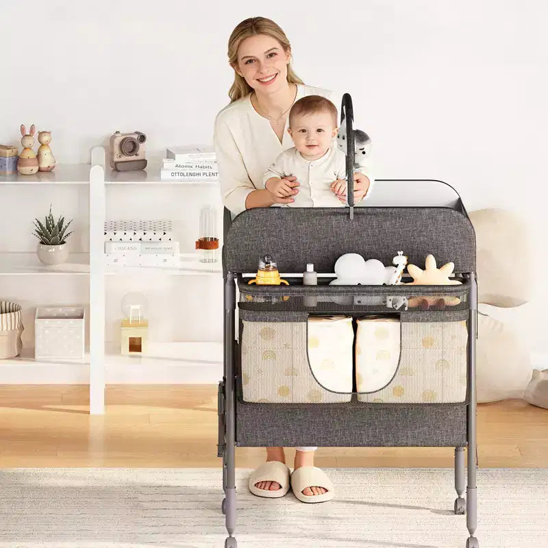 Fasciatoio pieghevole per neonati con ruote, stazione per pannolini ad altezza regolabile con 2 cassetti, organizer mobile impermeabile per neonati