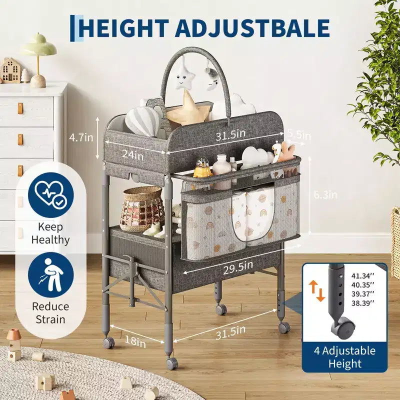 Fasciatoio pieghevole per neonati con ruote, stazione per pannolini ad altezza regolabile con 2 cassetti, organizer mobile impermeabile per neonati