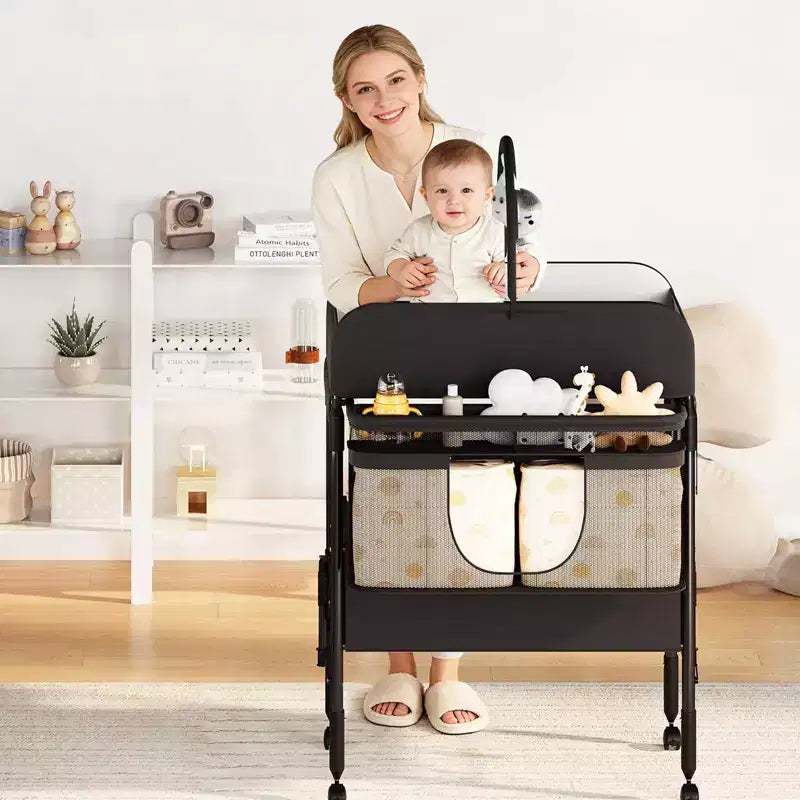 Fasciatoio pieghevole per neonati con ruote, stazione per pannolini ad altezza regolabile con 2 cassetti, organizer mobile impermeabile per neonati