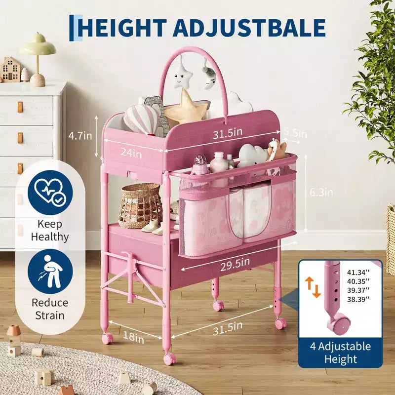 Fasciatoio pieghevole per neonati con ruote, stazione per pannolini ad altezza regolabile con 2 cassetti, organizer mobile impermeabile per neonati
