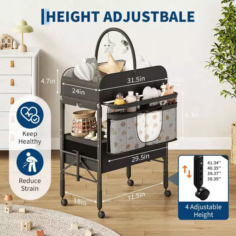 Fasciatoio pieghevole per neonati con ruote, stazione per pannolini ad altezza regolabile con 2 cassetti, organizer mobile impermeabile per neonati