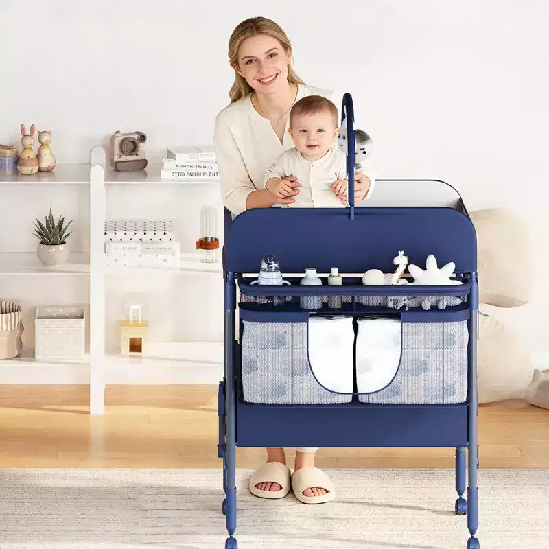 Fasciatoio pieghevole per neonati con ruote, stazione per pannolini ad altezza regolabile con 2 cassetti, organizer mobile impermeabile per neonati