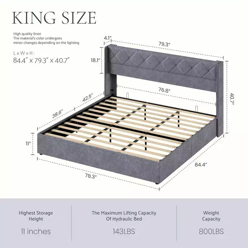 Graues gepolstertes Bettgestell mit Stauraum, hochbelastbar, Stauraum unter dem Bett, geräuschlos, Massivholz, kein Boxspringbett erforderlich, einfache Montage - King