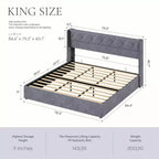 Graues gepolstertes Bettgestell mit Stauraum, hochbelastbar, Stauraum unter dem Bett, geräuschlos, Massivholz, kein Boxspringbett erforderlich, einfache Montage - King