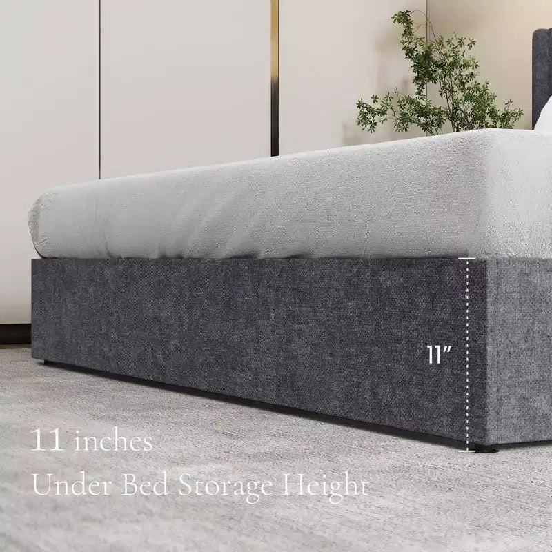 Graues gepolstertes Bettgestell mit Stauraum, hochbelastbar, Stauraum unter dem Bett, geräuschlos, Massivholz, kein Boxspringbett erforderlich, einfache Montage - King