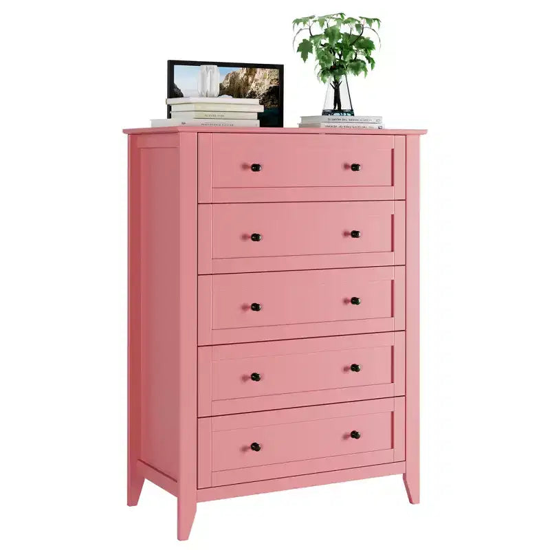 Cassettiera alta 42,5 pollici con 5 cassetti per camera da letto, mobile contenitore in legno con cassetti profondi 11,9 pollici e pomelli metallici dorati, ideale per ingresso o corridoio