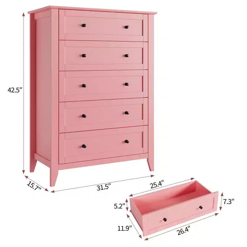 Cassettiera alta 42,5 pollici con 5 cassetti per camera da letto, mobile contenitore in legno con cassetti profondi 11,9 pollici e pomelli metallici dorati, ideale per ingresso o corridoio