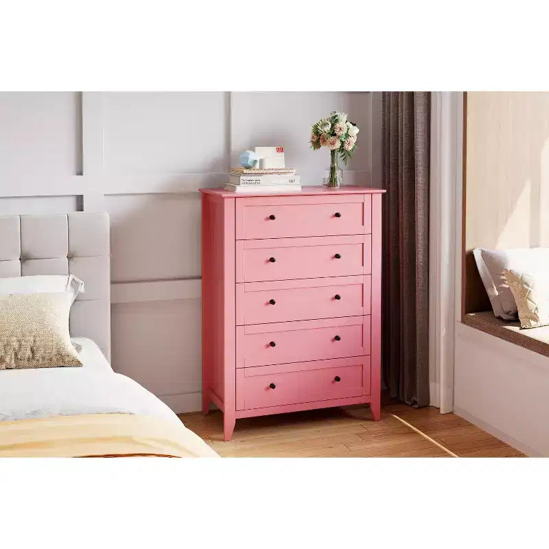 Cassettiera alta 42,5 pollici con 5 cassetti per camera da letto, mobile contenitore in legno con cassetti profondi 11,9 pollici e pomelli metallici dorati, ideale per ingresso o corridoio