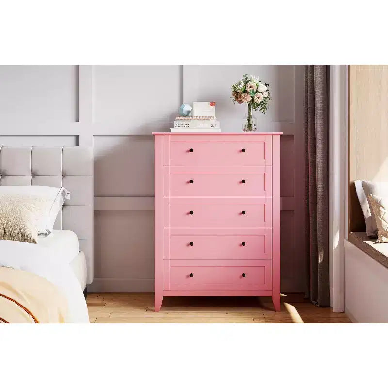 Cassettiera alta 42,5 pollici con 5 cassetti per camera da letto, mobile contenitore in legno con cassetti profondi 11,9 pollici e pomelli metallici dorati, ideale per ingresso o corridoio