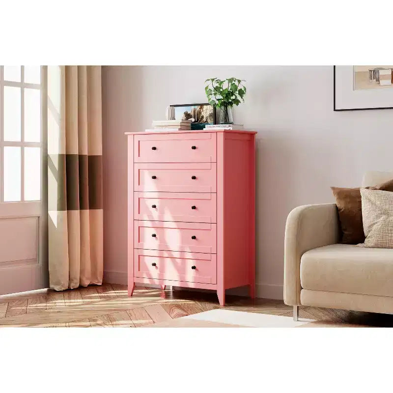 Cassettiera alta 42,5 pollici con 5 cassetti per camera da letto, mobile contenitore in legno con cassetti profondi 11,9 pollici e pomelli metallici dorati, ideale per ingresso o corridoio